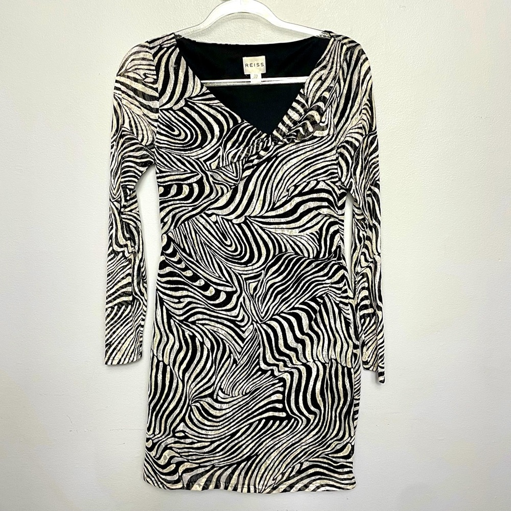 Reiss Black & White Fitted Dress | Zebra Print Asymmetrical Neckline | Size US 8